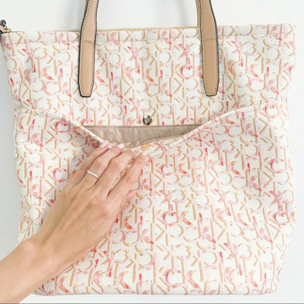 Calvin Klein Pink Cream Monogram Tote with Tan Handles